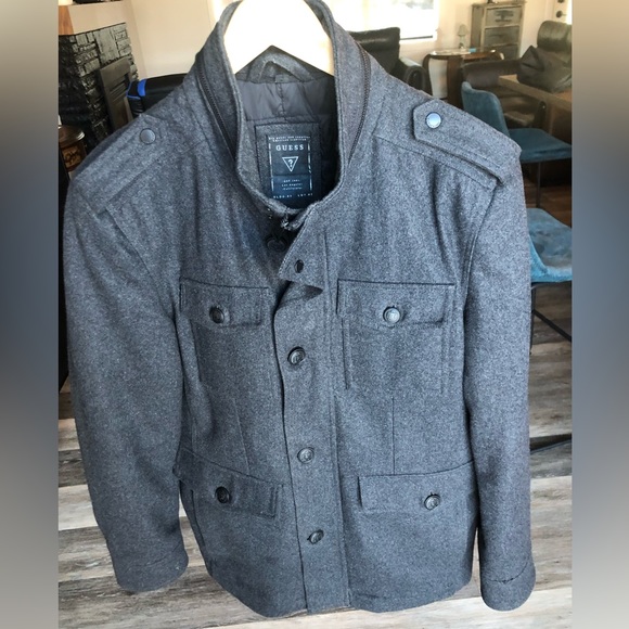 $295 Guess Men's Gray Wool-Blend Insulated Military Quilted Coat Jacket Size M - Picture 2 of 6